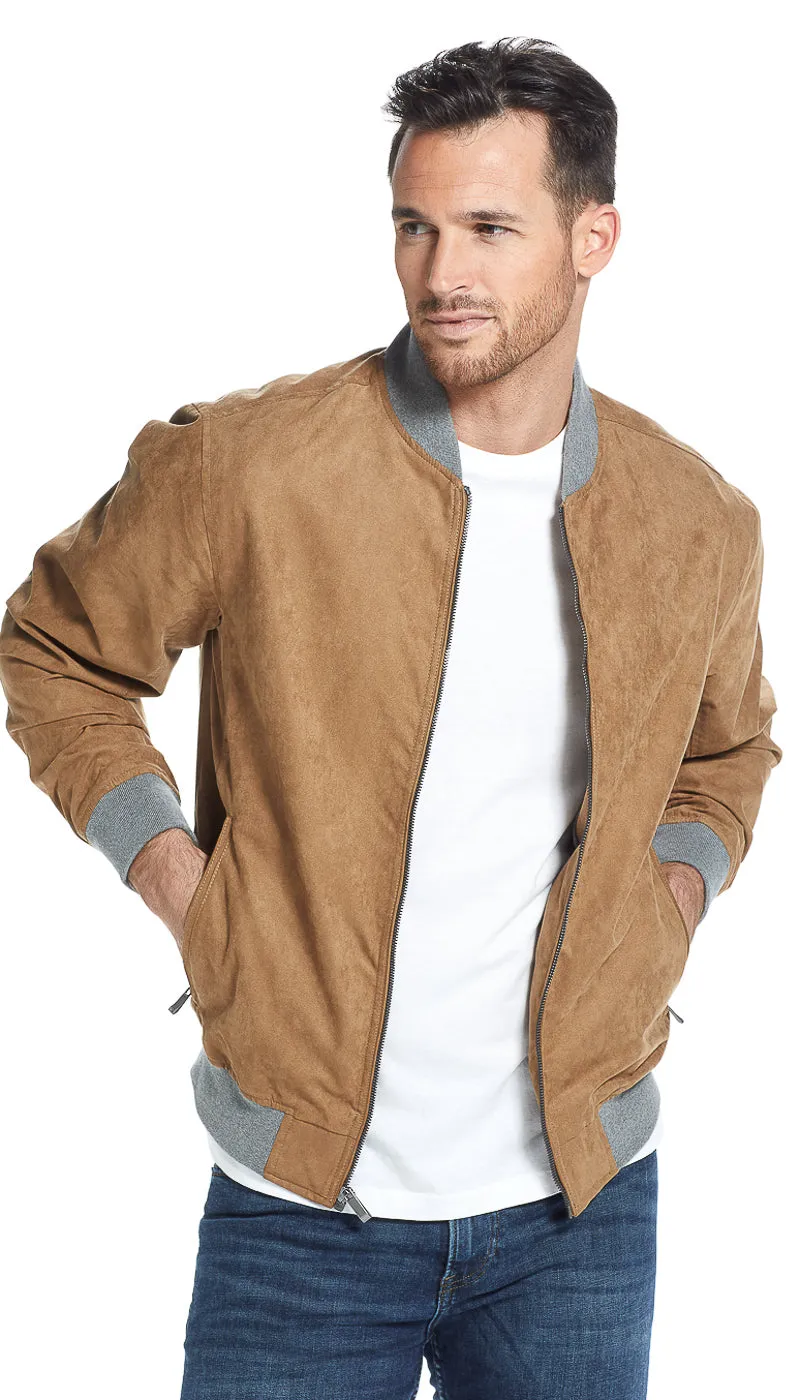 V-Neck Barrier Seam Construction MICROSUEDE CONTRAST KNIT TRIM BOMBER