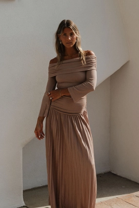 Light Sheen Lennox Long Sleeve Maxi Dress in Taupe