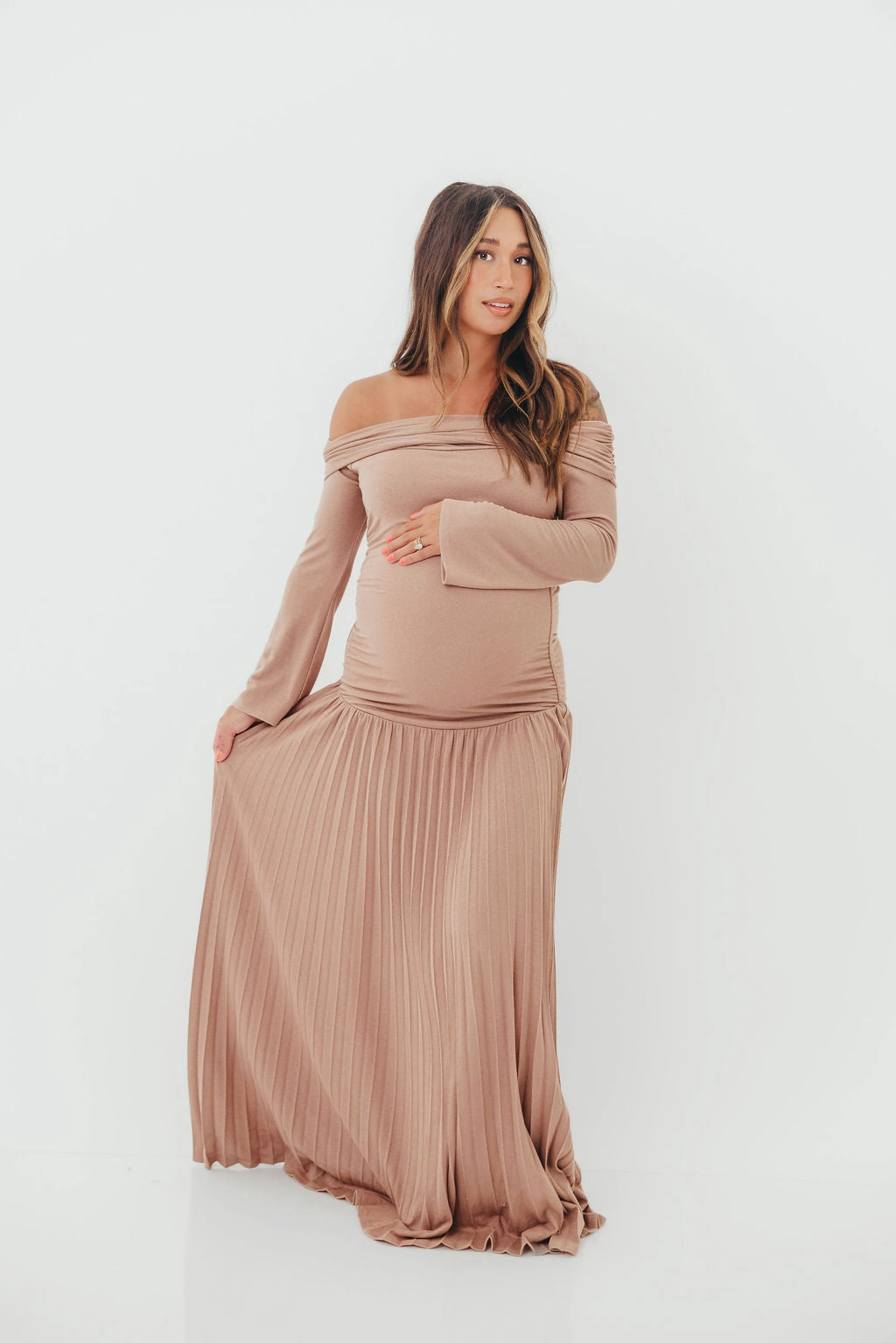 Pretty Glow Wave Soft Lennox Long Sleeve Maxi Dress in Taupe