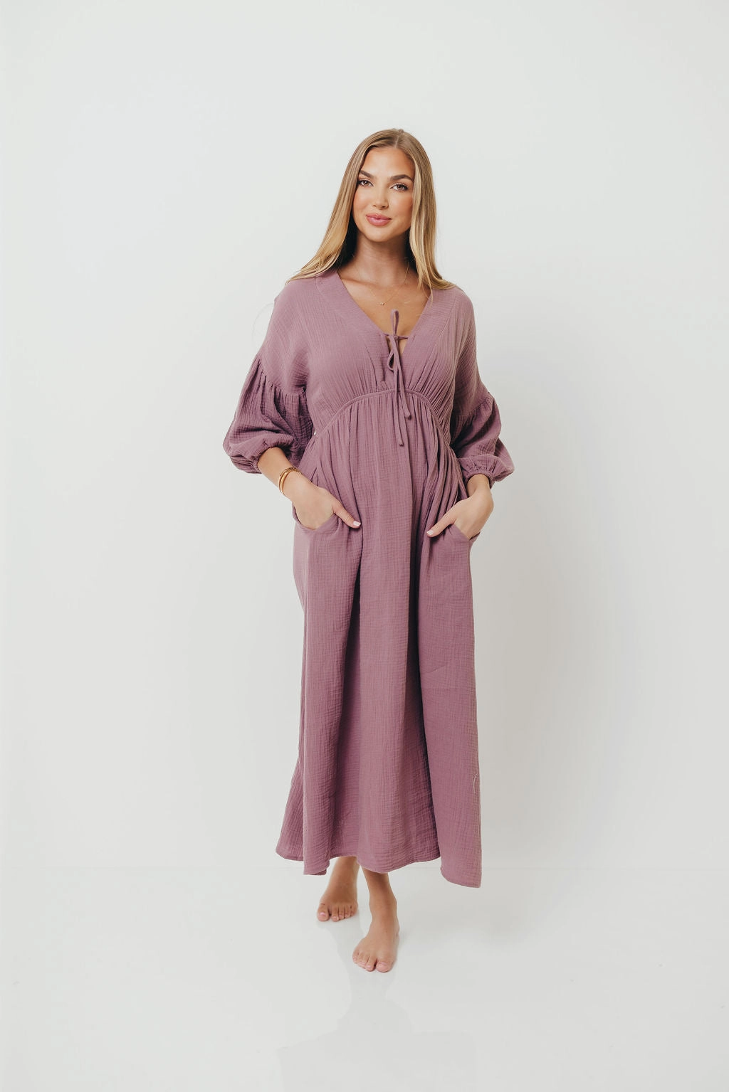 Hunter 100% Cotton Gauze Midi Dress in Smoky Plum - Bump Friendly *9/22 PRE-ORDER* Slim Form Ribbed-Texture
