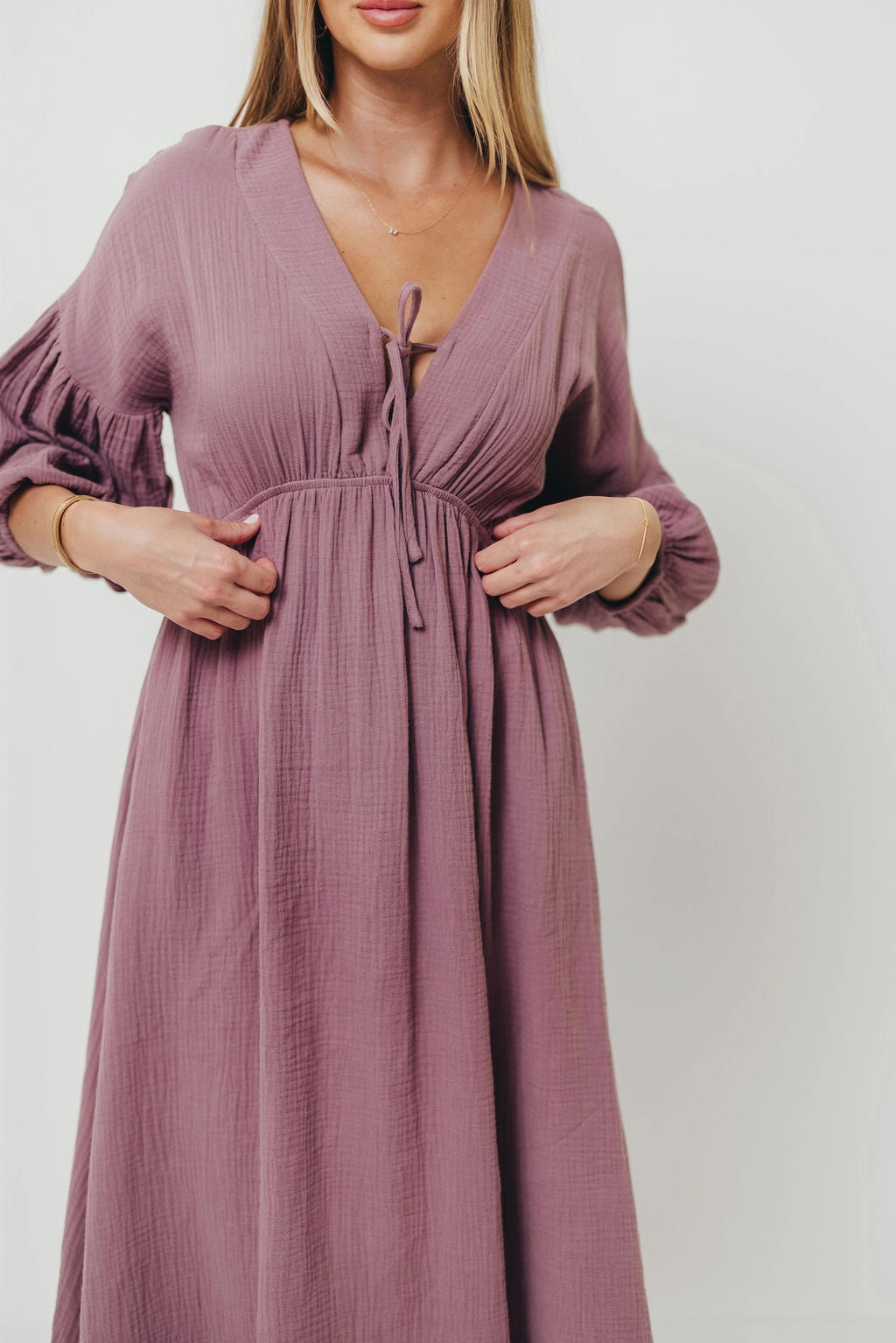 Quiet Sweet Natural Tones Hunter 100% Cotton Gauze Midi Dress in Smoky Plum - Bump Friendly *9/22 PRE-ORDER*