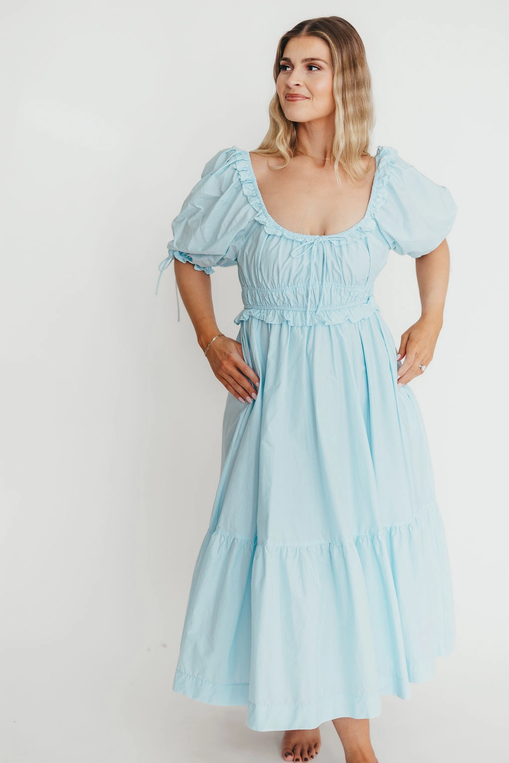 Crissy 100% Cotton Ruched Midi Dress in Baby Blue - Bump Friendly Gentle Texture