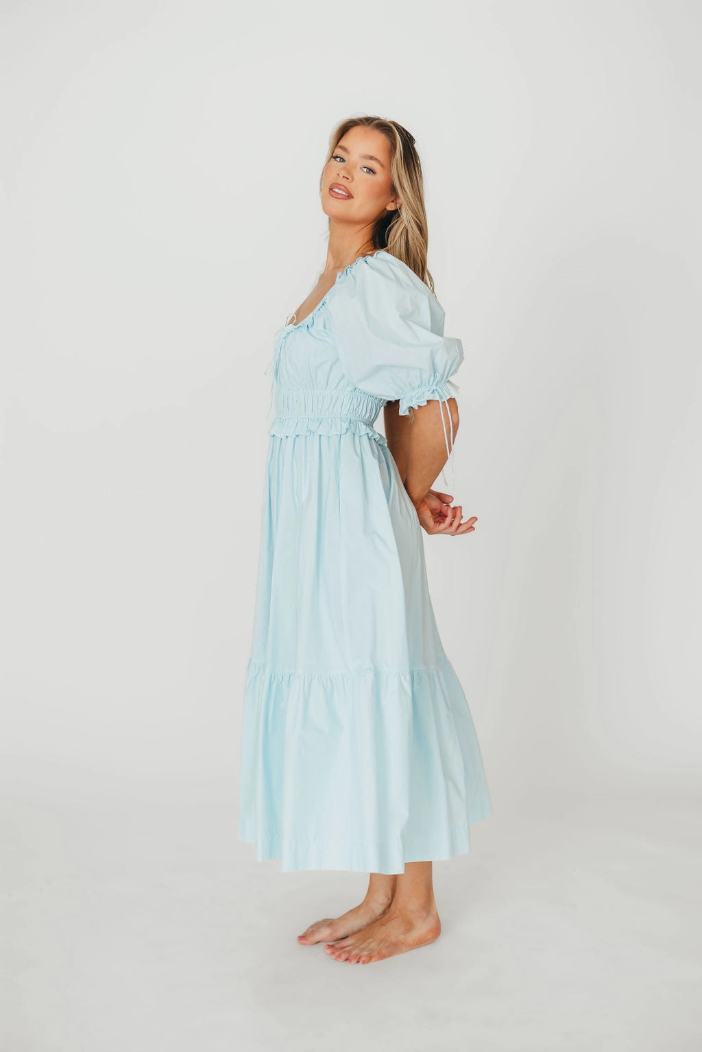 Crissy 100% Cotton Ruched Midi Dress in Baby Blue - Bump Friendly Stylish Design