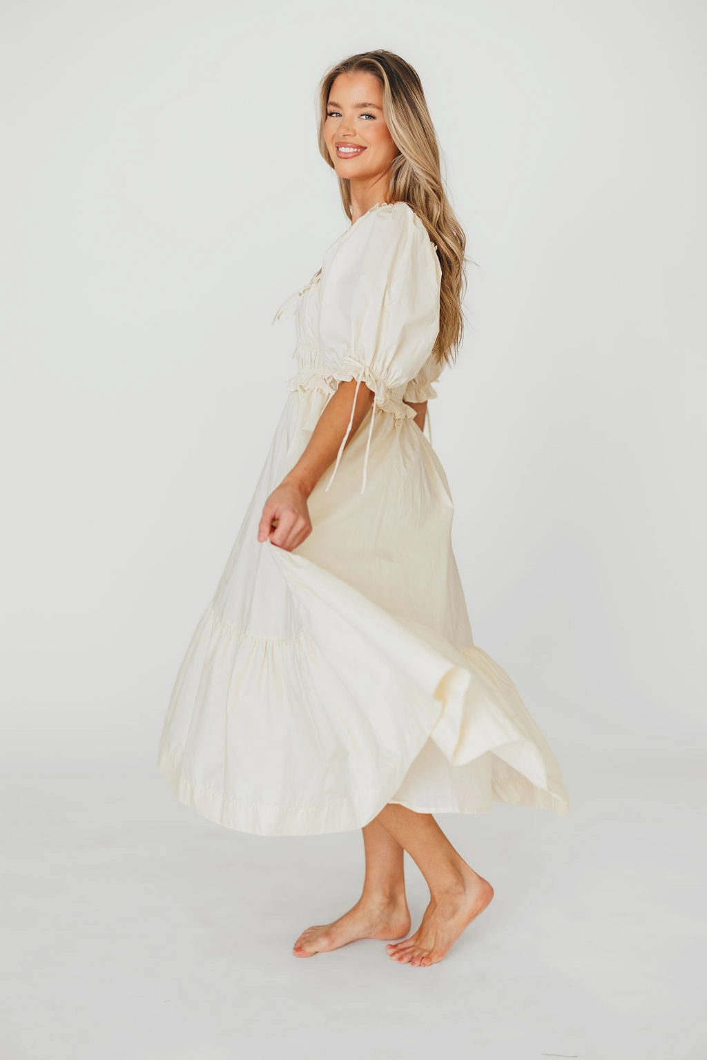 Crissy 100% Cotton Ruched Midi Dress in Cream - Bump Friendly Pure Lines Work Comfort