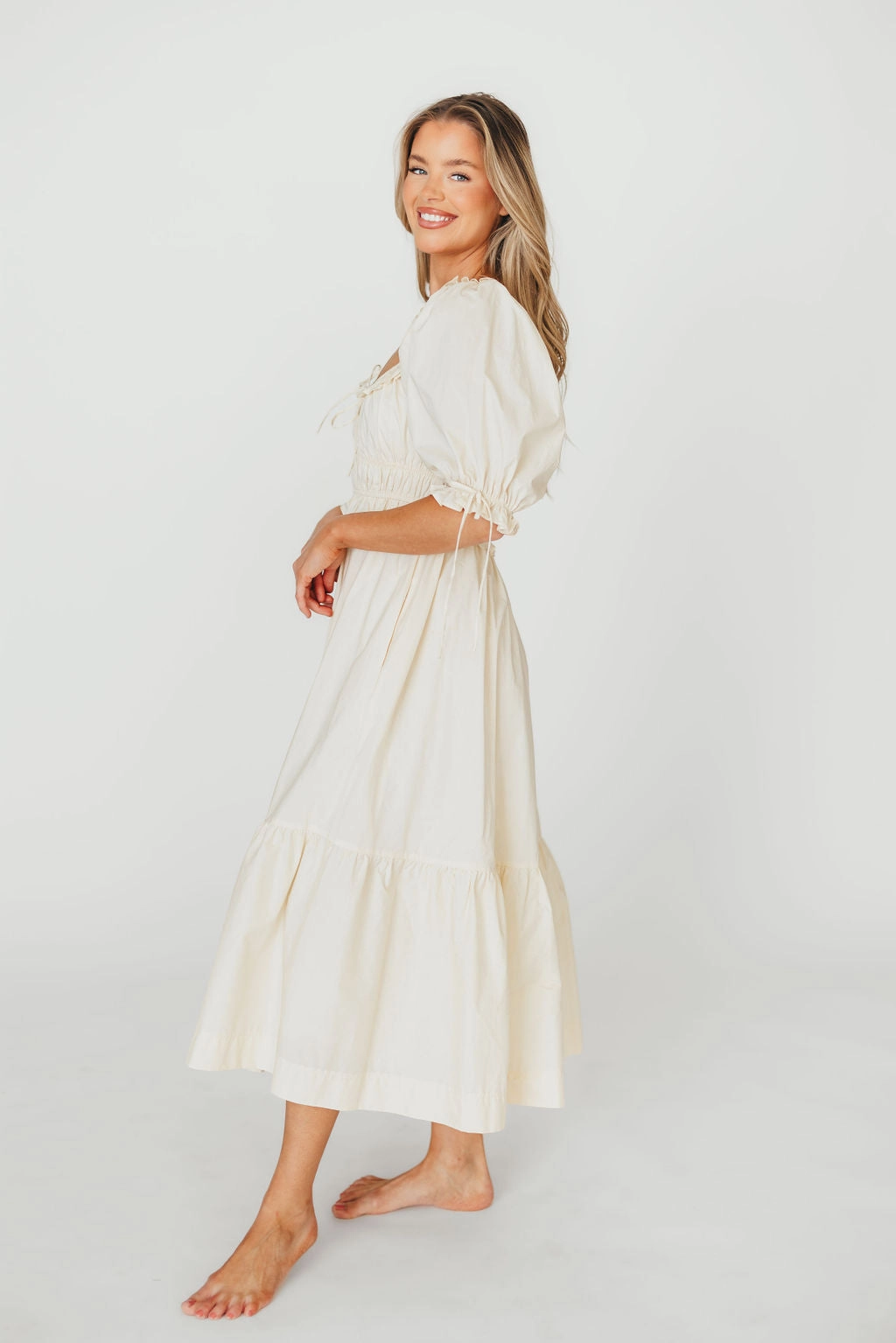 garden party Crissy 100% Cotton Ruched Midi Dress in Cream - Bump Friendly