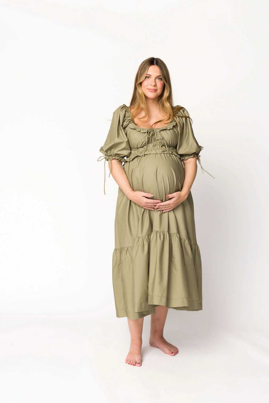 Evening Chic Texture Mood Crissy Ruched Midi Dress in Dusty Olive - Bump Friendly