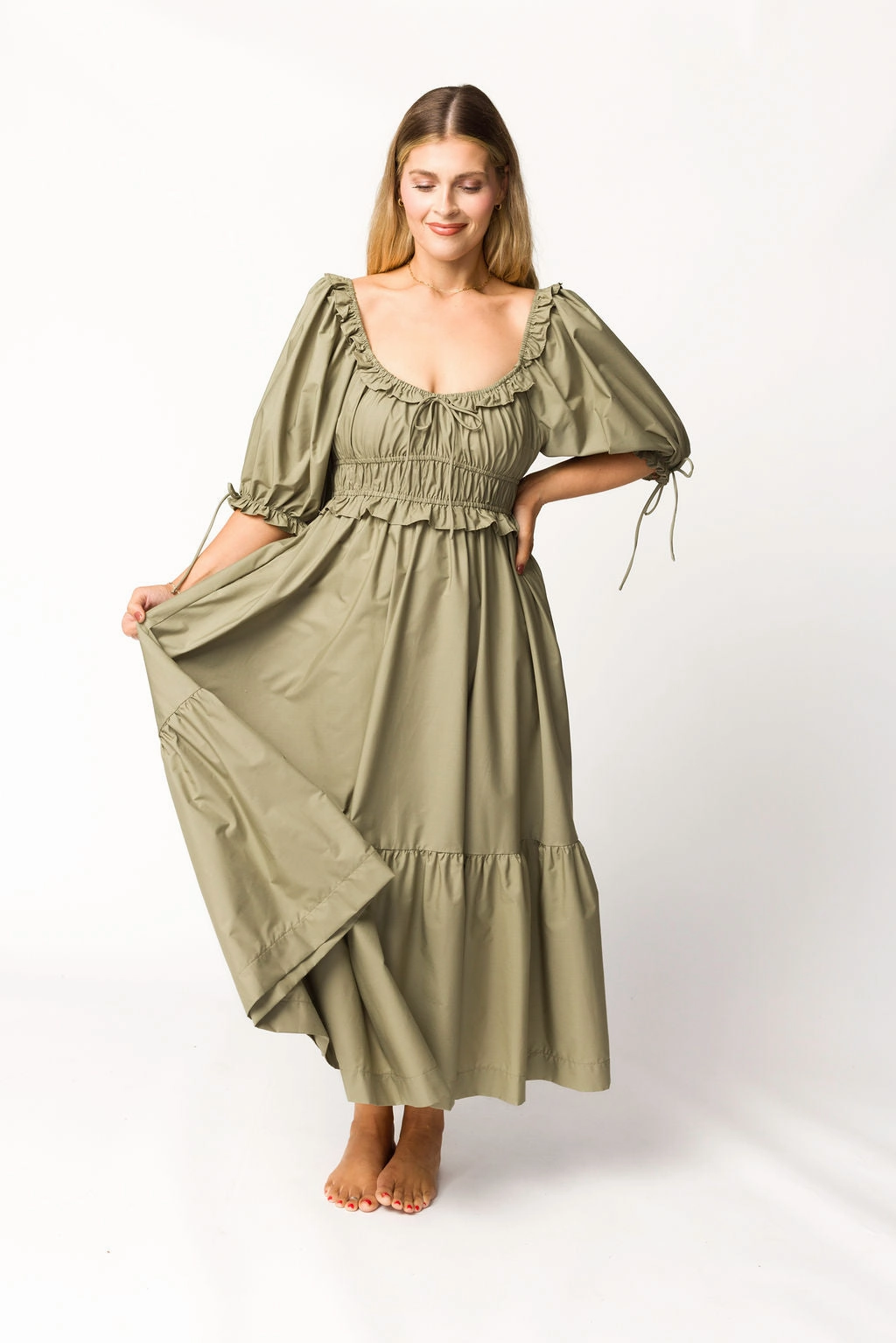 Ruffle Hem Casual Comfort Crissy Ruched Midi Dress in Dusty Olive - Bump Friendly