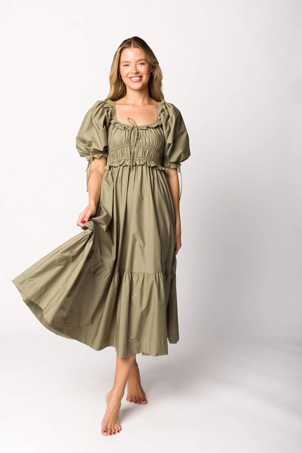 Crissy Ruched Midi Dress in Dusty Olive - Bump Friendly Smooth Line Natural Style