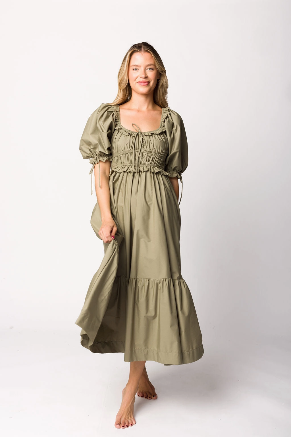 Feminine Vibe Light Fabrication Crissy Ruched Midi Dress in Dusty Olive - Bump Friendly