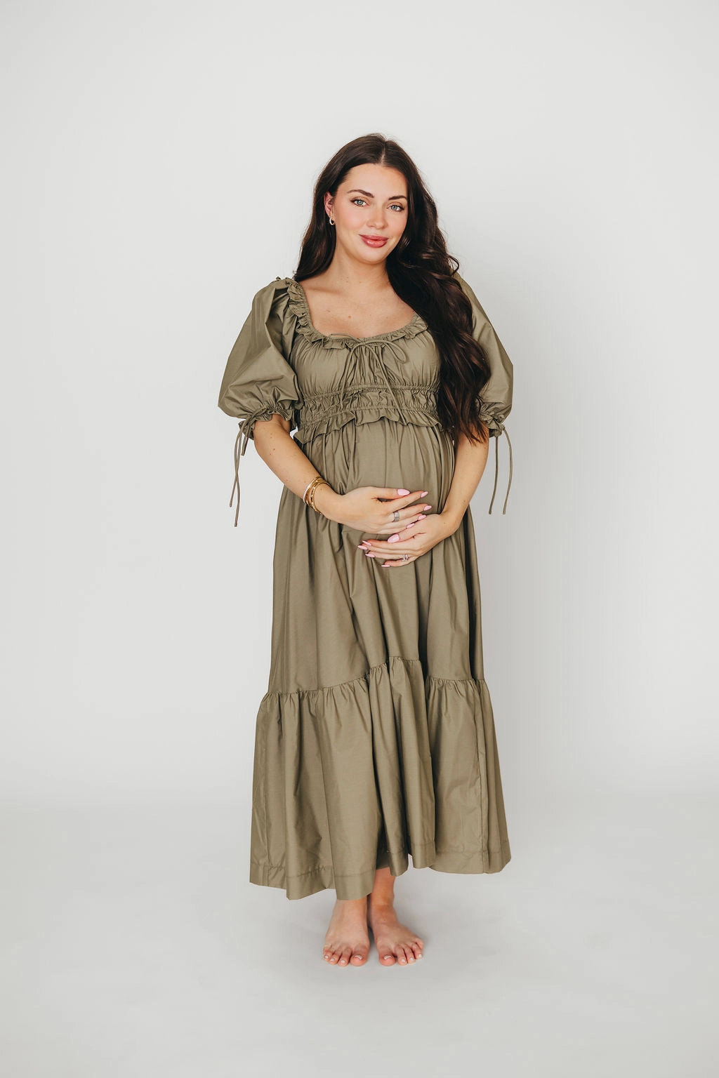 Smart And Comfortable Crissy Ruched Midi Dress in Dusty Olive - Bump Friendly