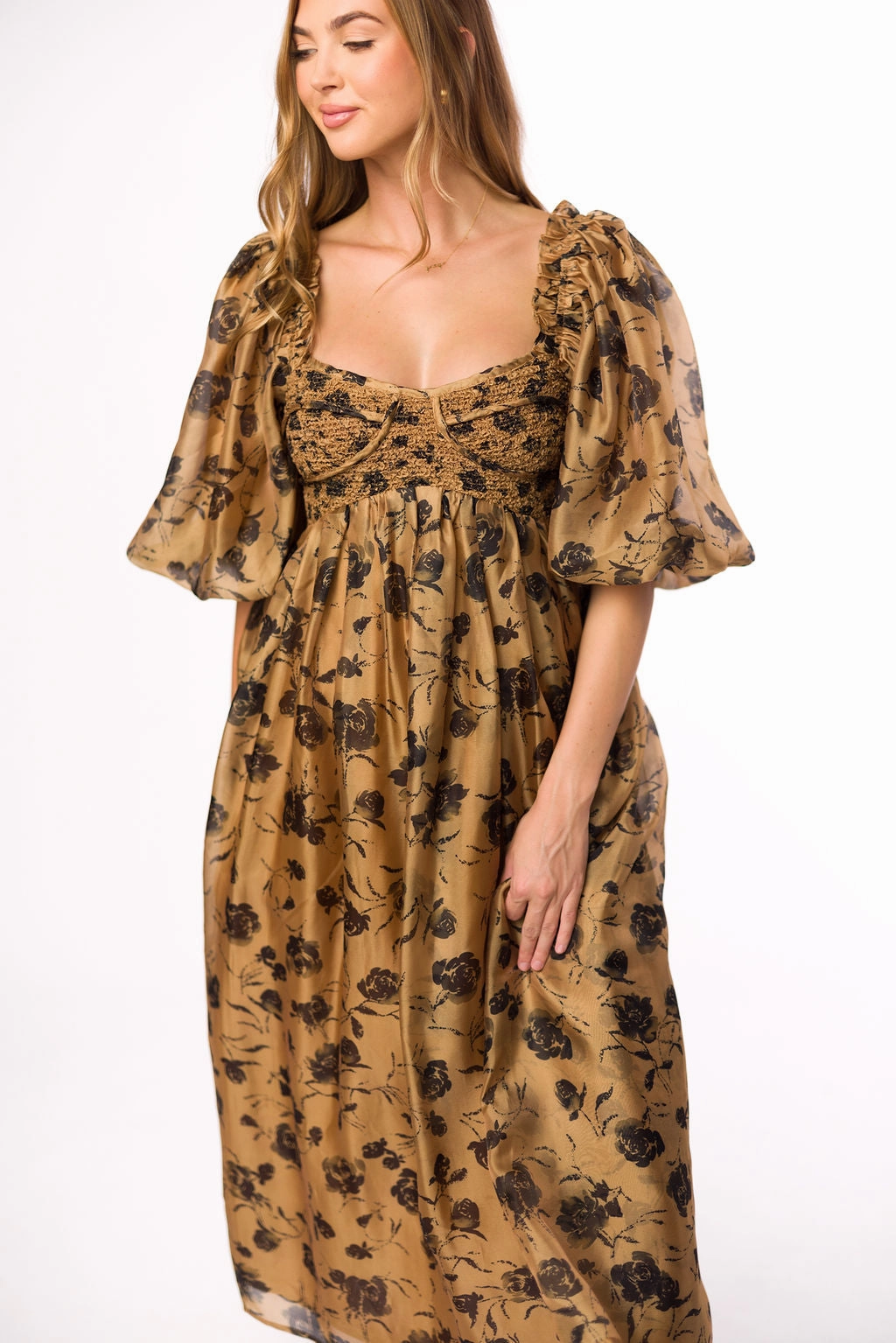Daily Chic Harlow Camel & Black Floral Maxi Dress with Stretchy Neckline - Bump Friendly