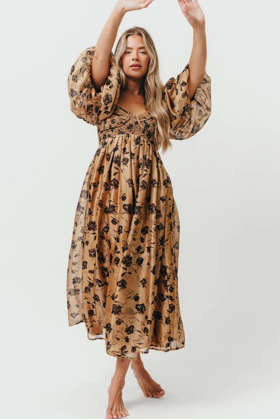 Anniversary-Event Harlow Camel & Black Floral Maxi Dress with Stretchy Neckline - Bump Friendly
