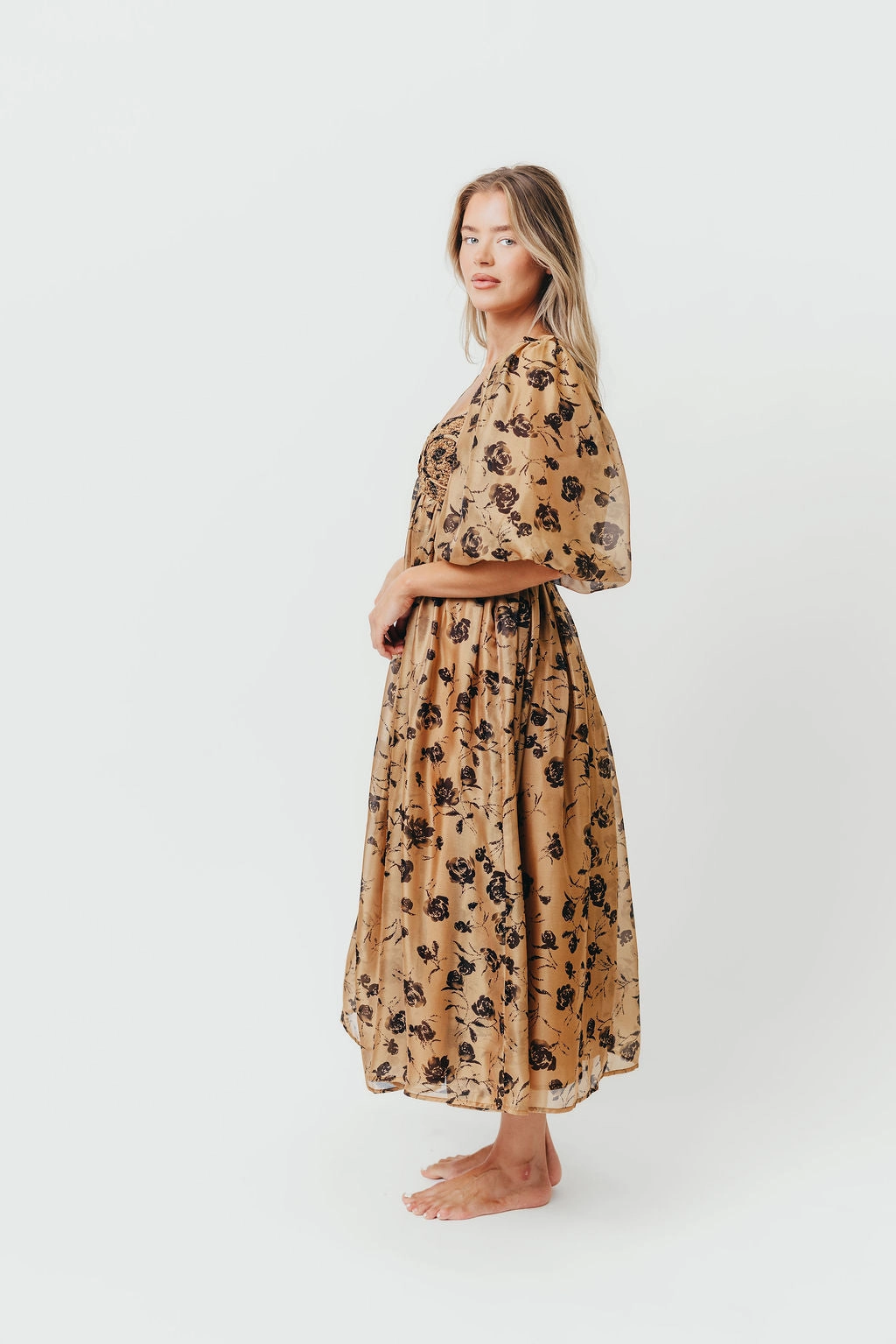 Poised Vibe Breathable Feel Harlow Camel & Black Floral Maxi Dress with Stretchy Neckline - Bump Friendly
