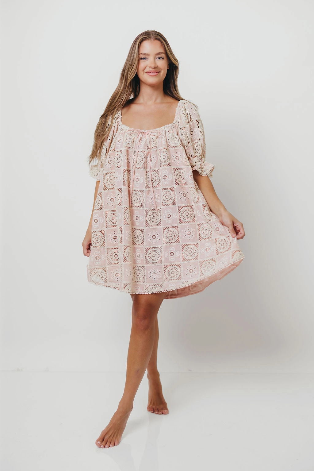 Georgette 100% Cotton Embroidered Mini Dress in Pink Season Ready