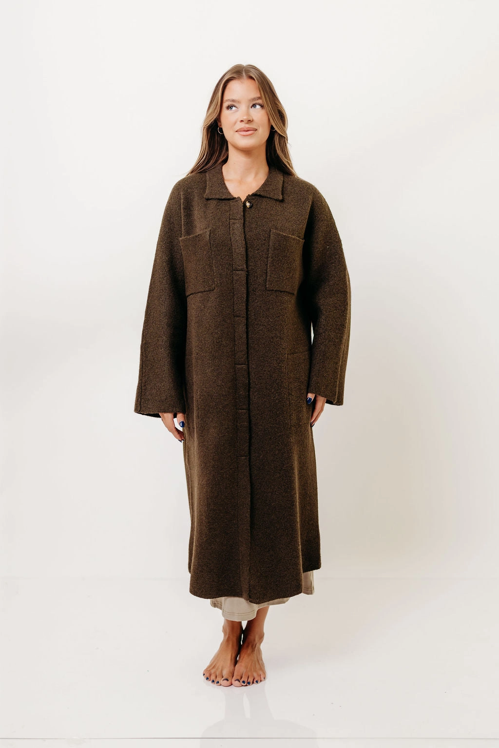 Dagny Hidden Button Maxi Jacket in Tapenade Fitted Look