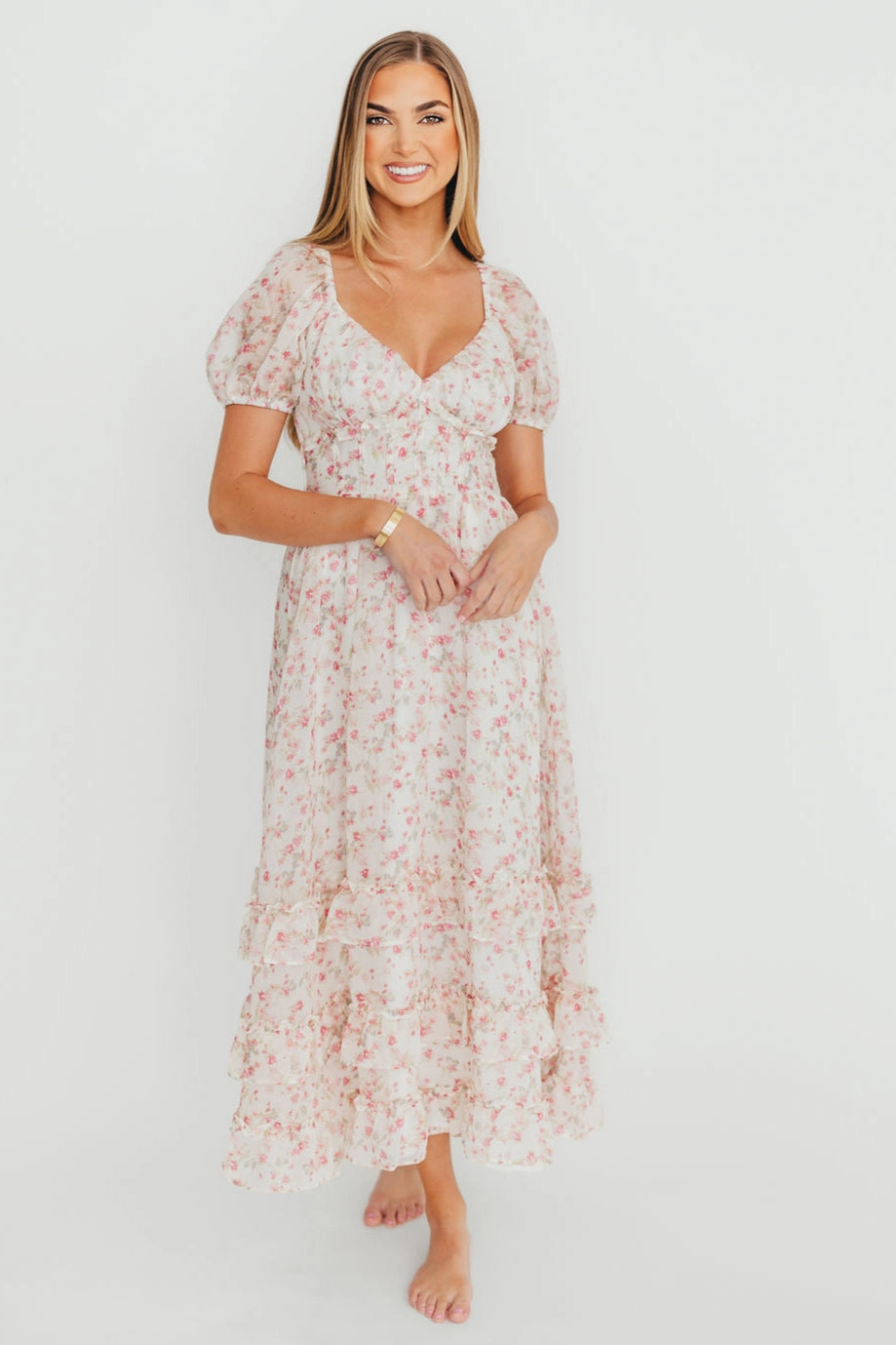 Charming Style Danielle Corset Maxi Dress in White/Pink Floral *Final-Sale*