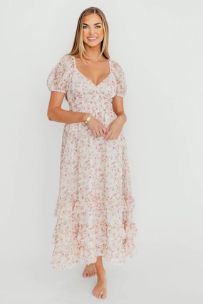 Danielle Corset Maxi Dress in White/Pink Floral *Final-Sale* Day Magic Natural Light