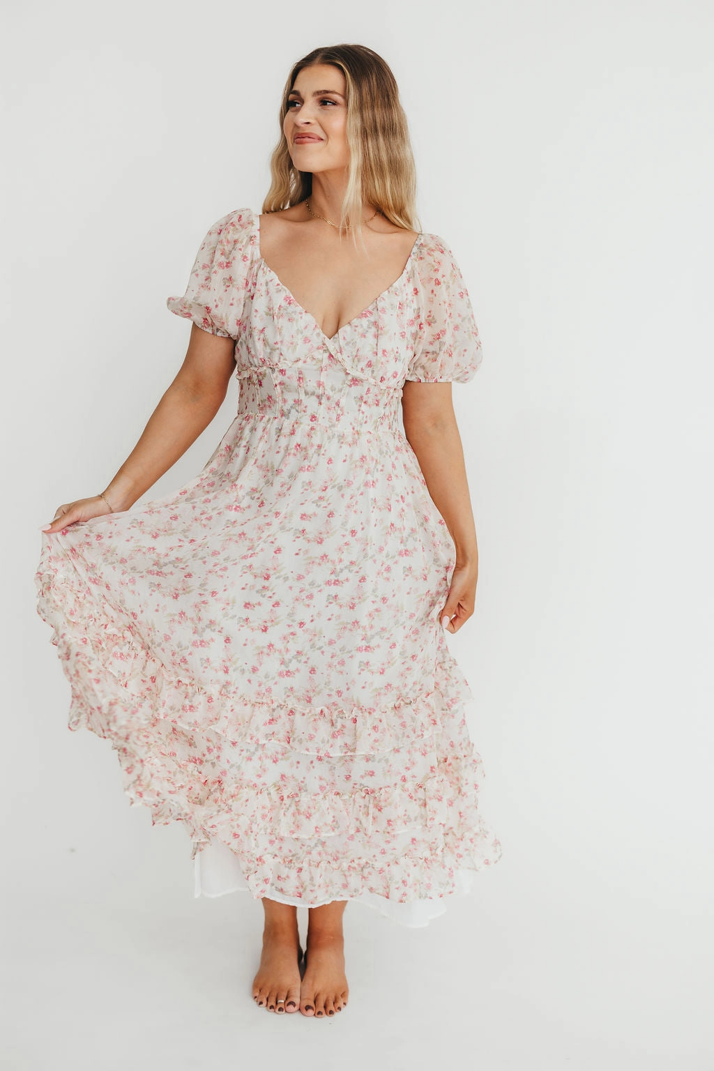 Layered Wear Romantic date dress Danielle Corset Maxi Dress in White/Pink Floral *Final-Sale*