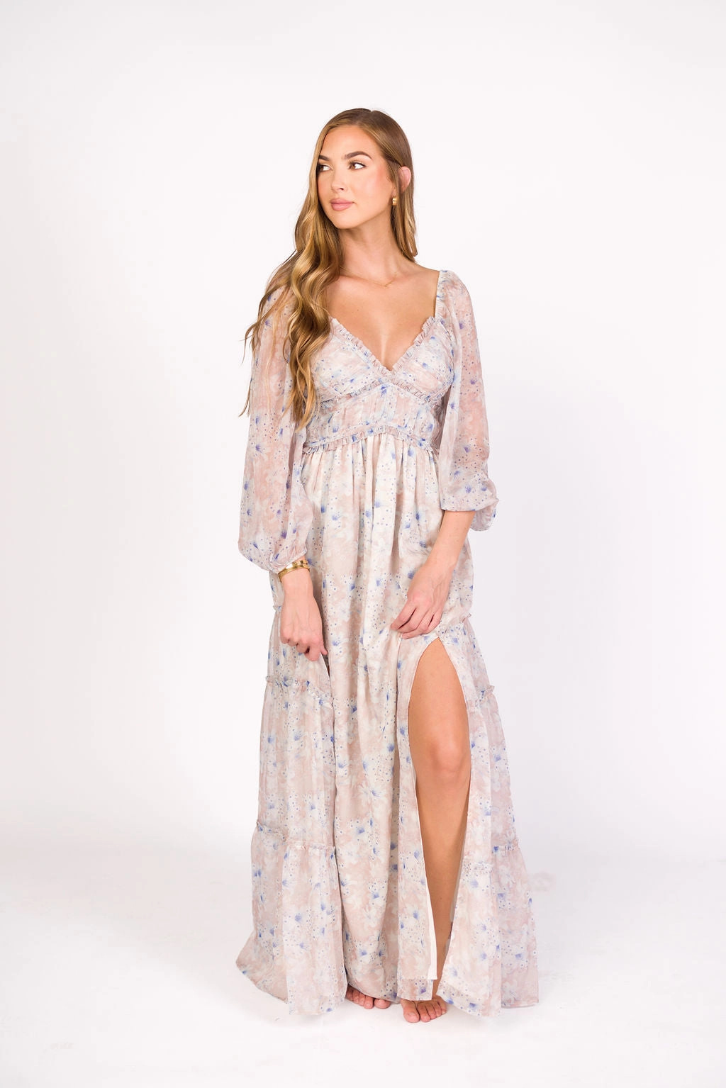 Daphne Long Sleeve Maxi Dress in Beige/Blue Floral - Bump Friendly & Inclusive Sizing (XS-3XL) Chic Fit Wear Lounge Mood
