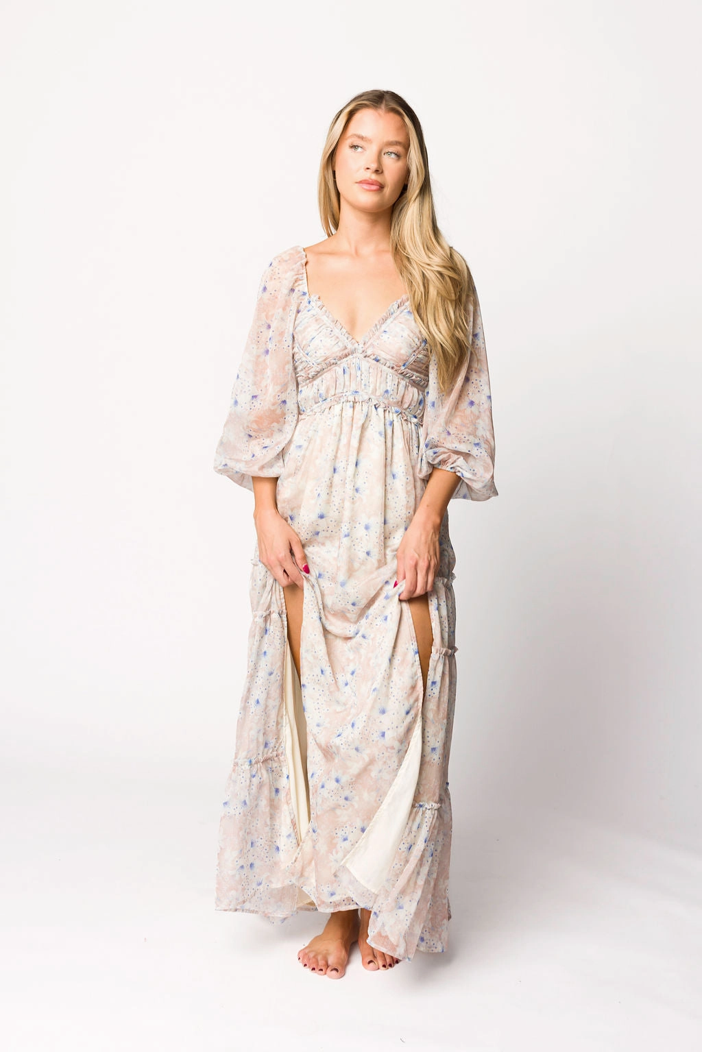 Smart Detail Stretch-Recovery Daphne Long Sleeve Maxi Dress in Beige/Blue Floral - Bump Friendly & Inclusive Sizing (XS-3XL)