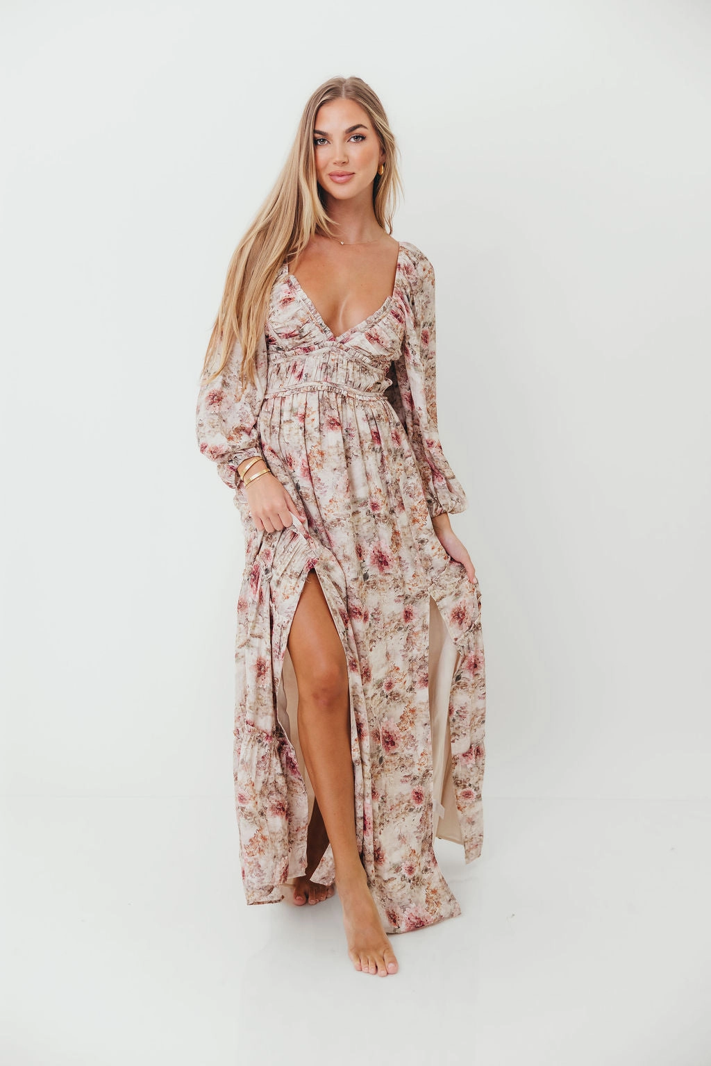 Daphne Long Sleeve Maxi Dress in Pink/Beige Multi Floral - Bump Friendly *9/30 PRE-ORDER* Classic knee-length dress