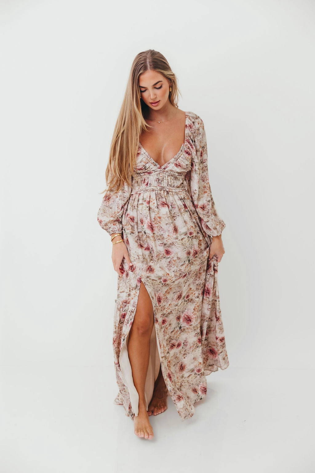 Daphne Long Sleeve Maxi Dress in Pink/Beige Multi Floral - Bump Friendly *9/30 PRE-ORDER* Petite-Size light layering
