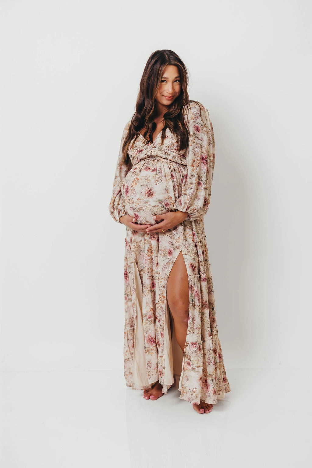 Tailored Wear Flexible Cut Daphne Long Sleeve Maxi Dress in Pink/Beige Multi Floral - Bump Friendly *9/30 PRE-ORDER*