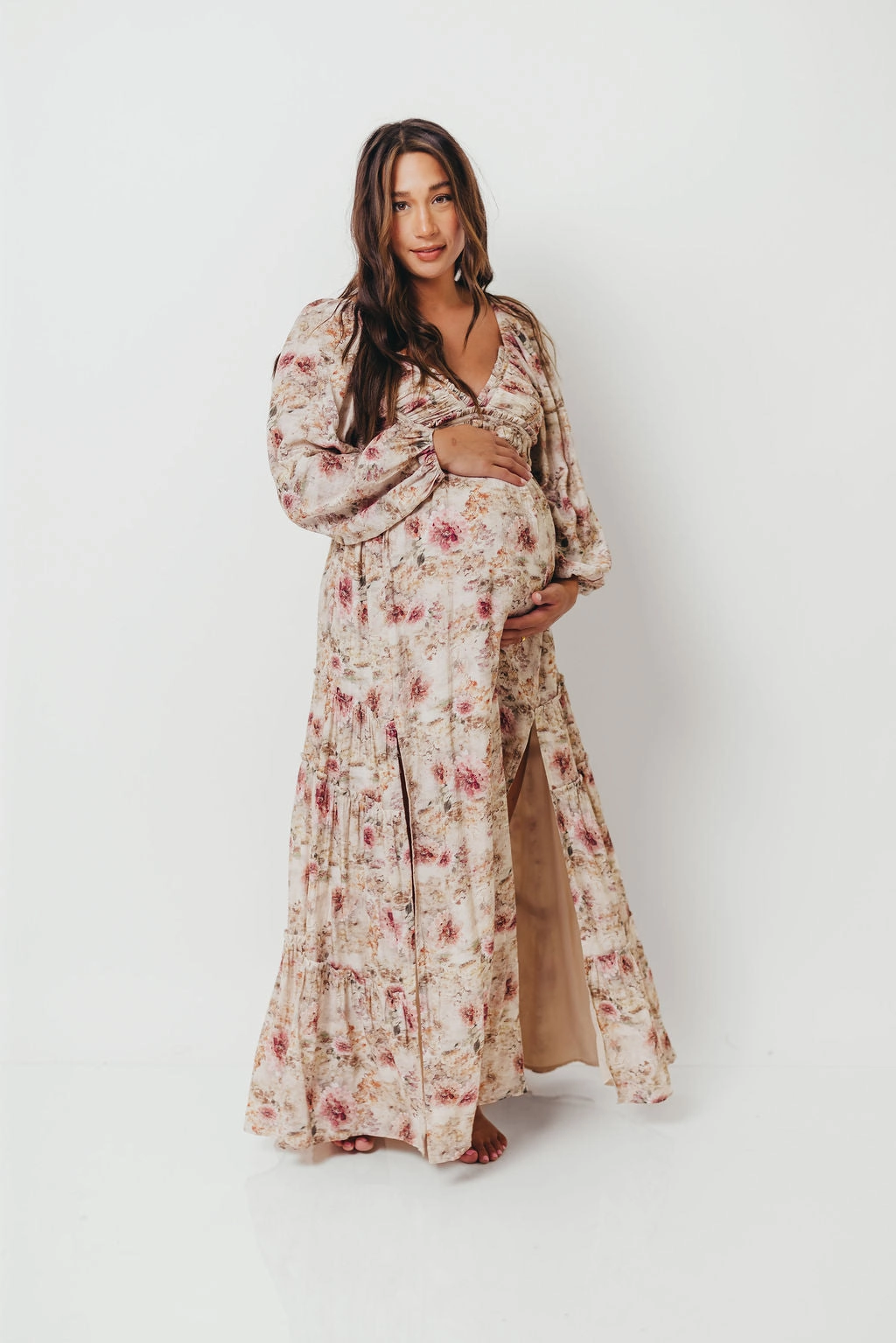 Daphne Long Sleeve Maxi Dress in Pink/Beige Multi Floral - Bump Friendly *9/30 PRE-ORDER* Clean Fit