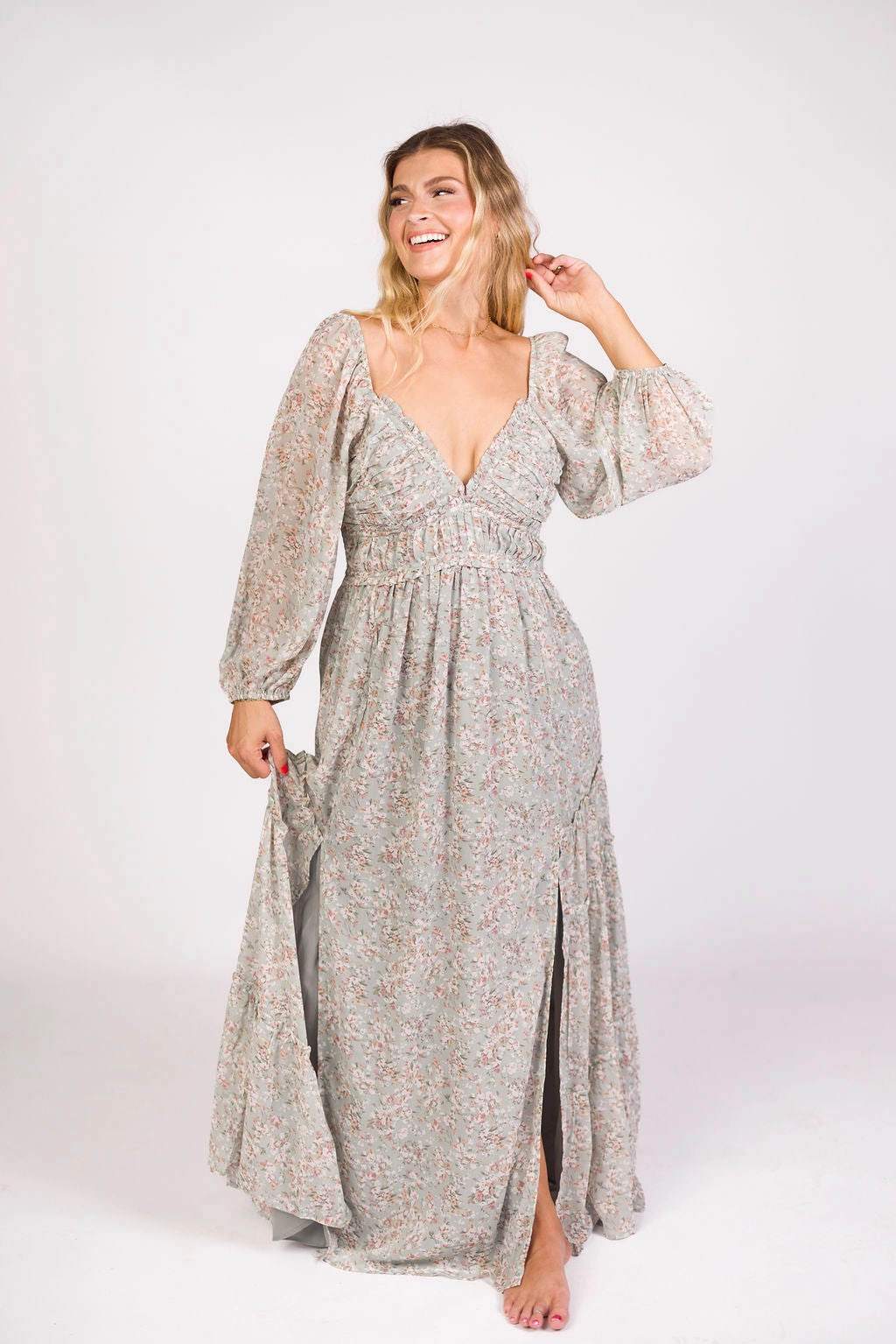 Daphne Long Sleeve Maxi Dress in Sage/Pink/Ivory Floral - Bump Friendly & Inclusive Sizing (XS-3XL) Warm Season