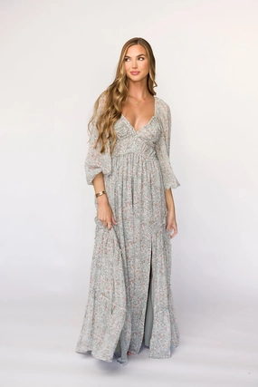 Chic Silhouette Daphne Long Sleeve Maxi Dress in Sage/Pink/Ivory Floral - Bump Friendly & Inclusive Sizing (XS-3XL)