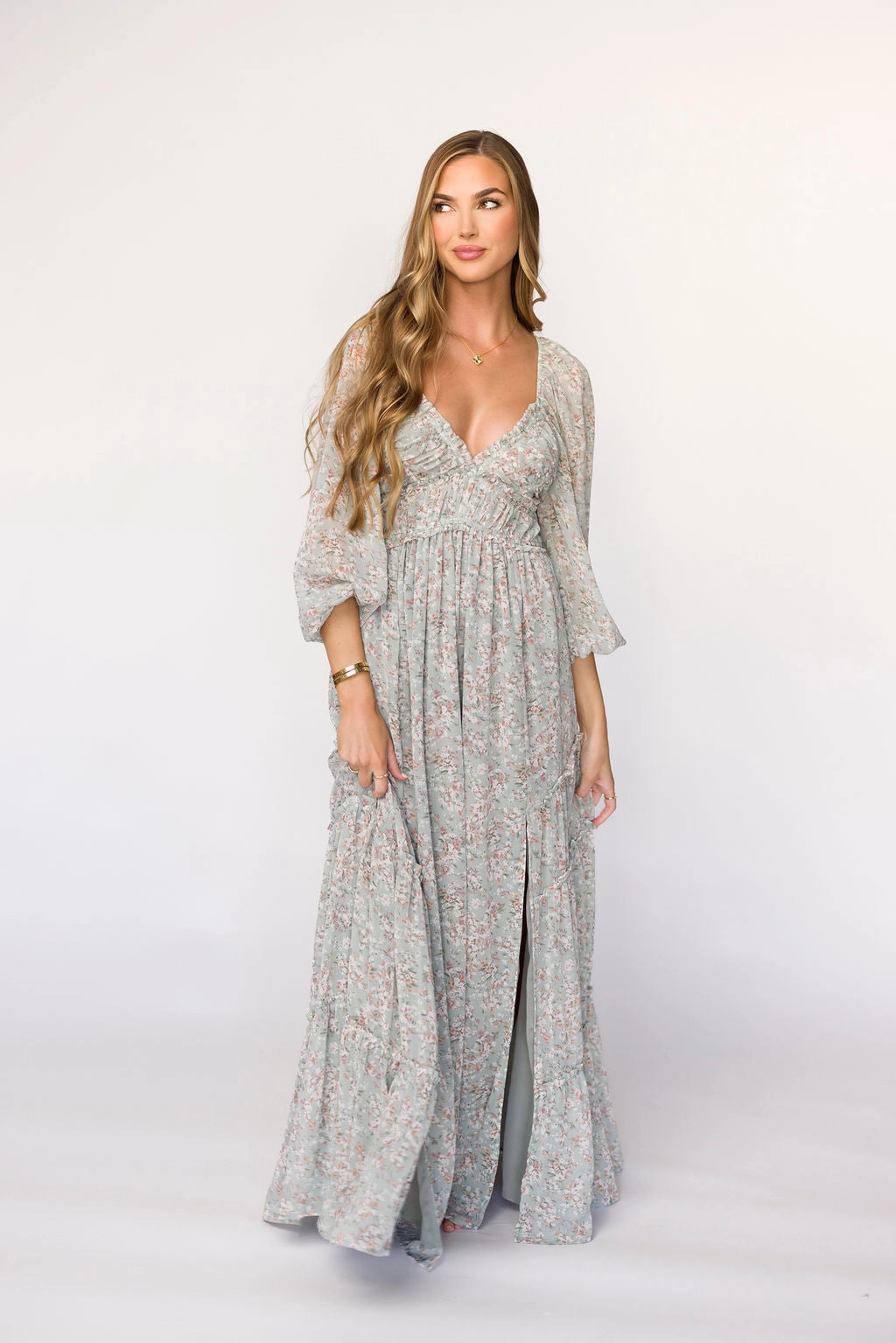 Chic Silhouette Daphne Long Sleeve Maxi Dress in Sage/Pink/Ivory Floral - Bump Friendly & Inclusive Sizing (XS-3XL)