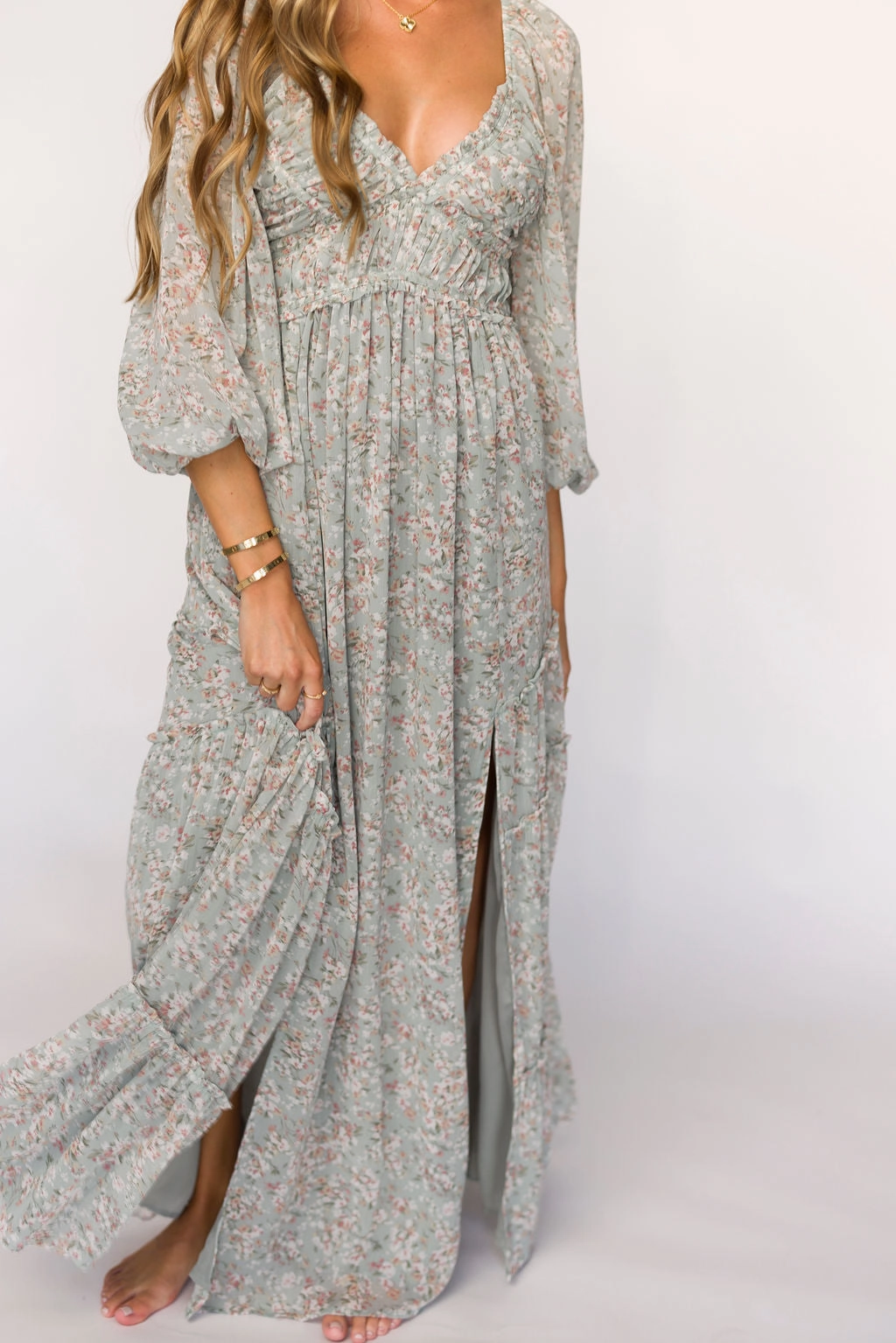 Daphne Long Sleeve Maxi Dress in Sage/Pink/Ivory Floral - Bump Friendly & Inclusive Sizing (XS-3XL) Trendy midi dress