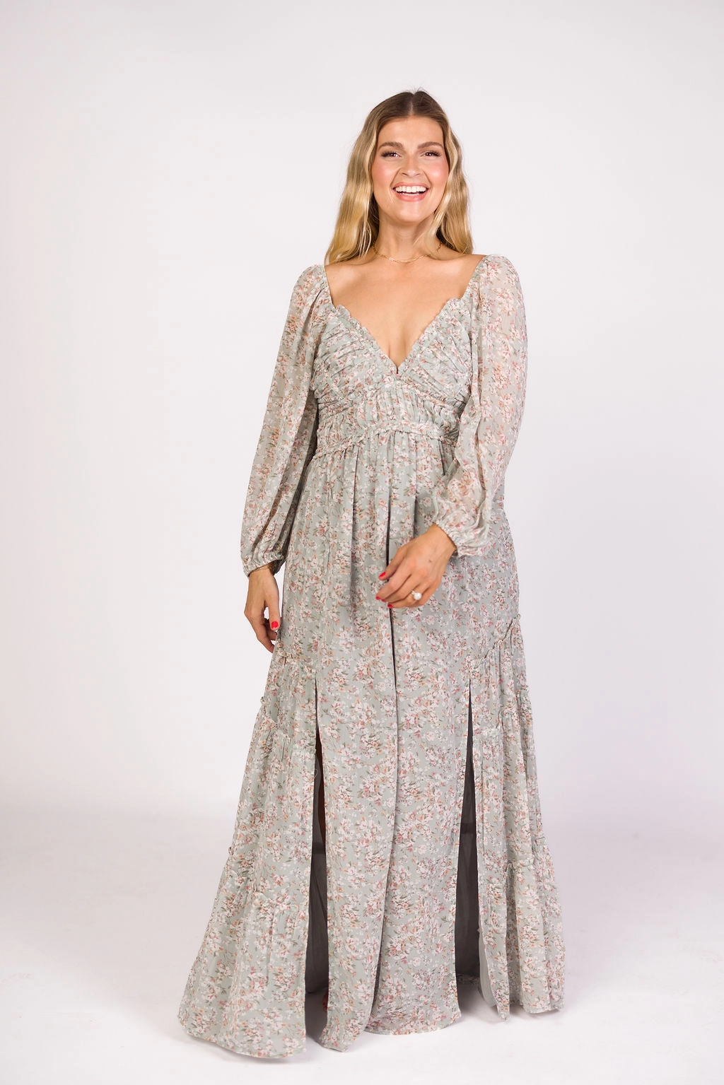 Layered Fabric Daphne Long Sleeve Maxi Dress in Sage/Pink/Ivory Floral - Bump Friendly & Inclusive Sizing (XS-3XL)