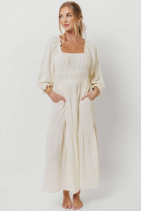 Dawn 100% Cotton Gauze Midi Dress in Soy Gentle Look