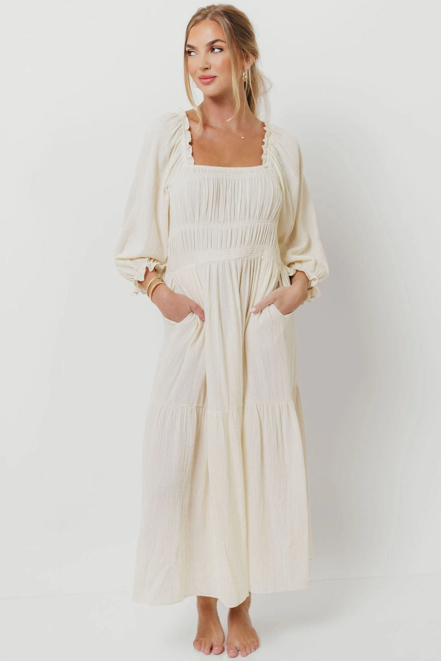 Dawn 100% Cotton Gauze Midi Dress in Soy Gentle Look
