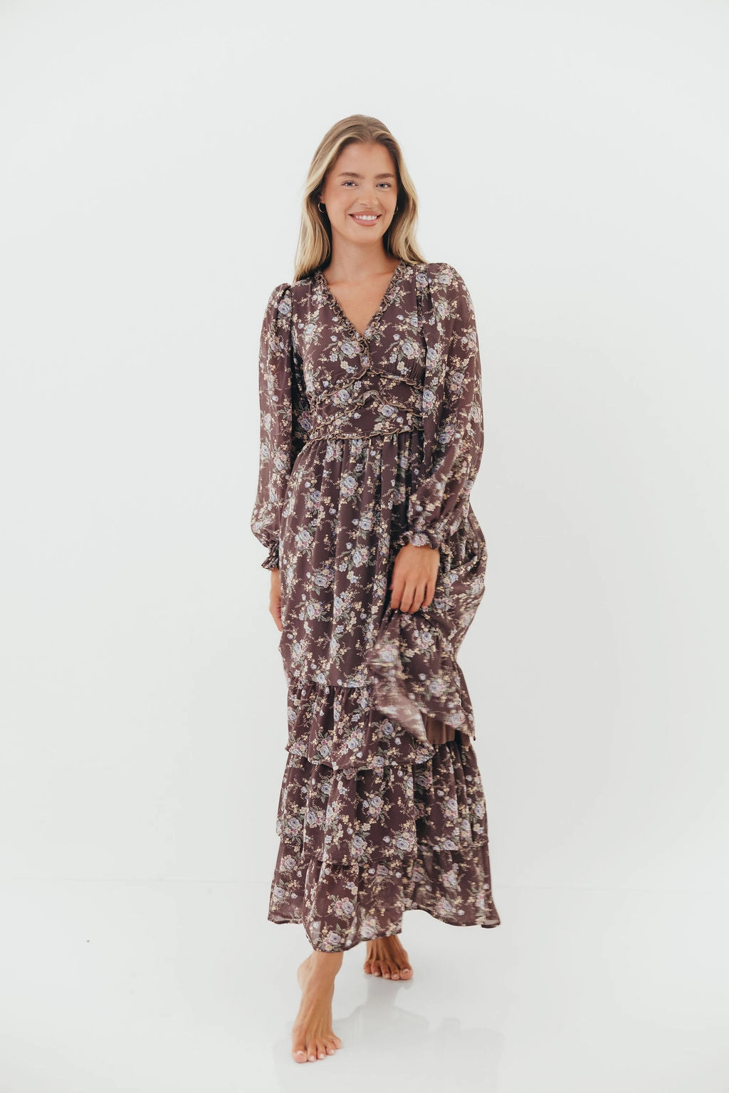 Metallic Finish Shenae Ruffled Tiered Floral Maxi Dress in Mocha Mousse