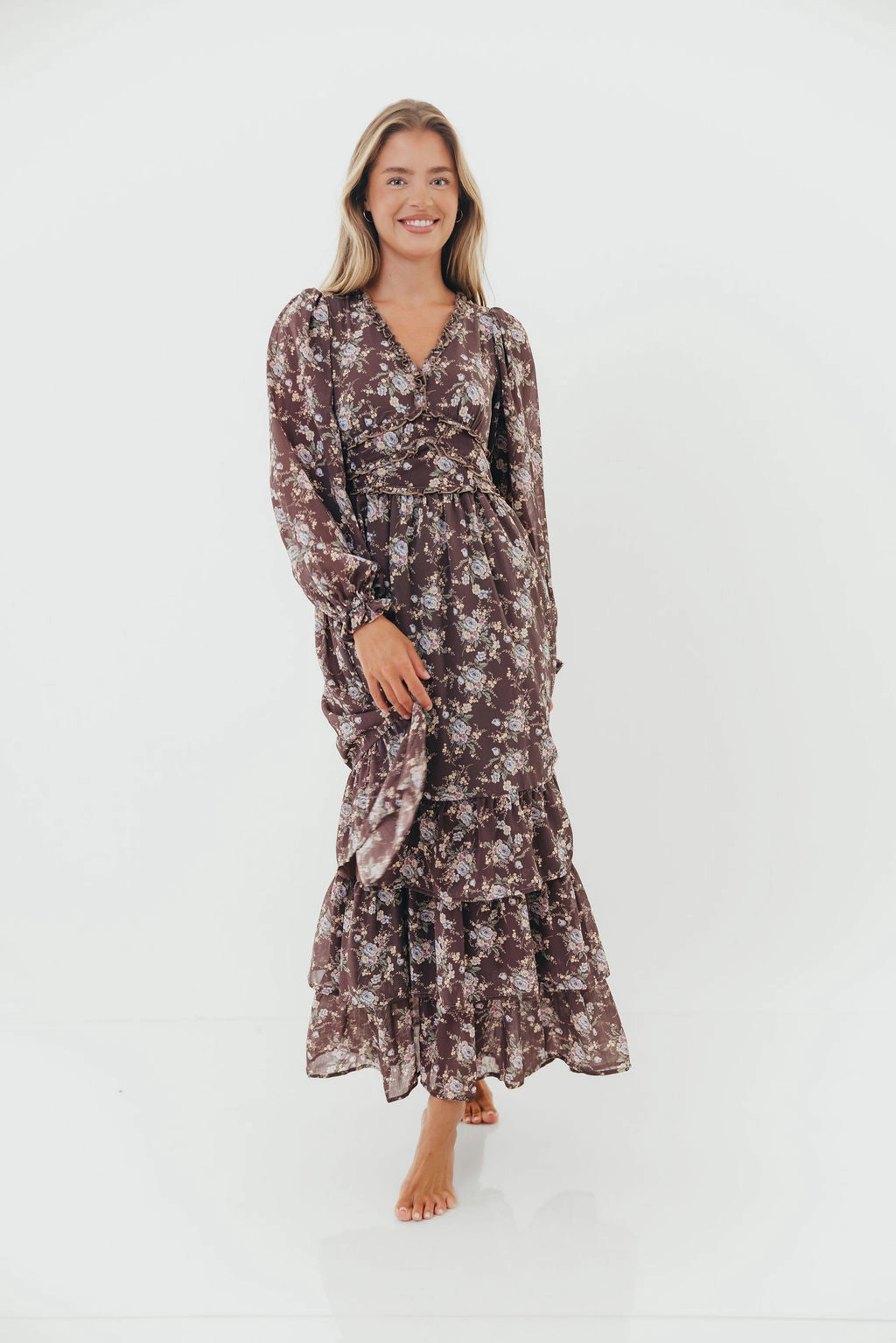 Shenae Ruffled Tiered Floral Maxi Dress in Mocha Mousse Casual Comfort Sheer-Overlay