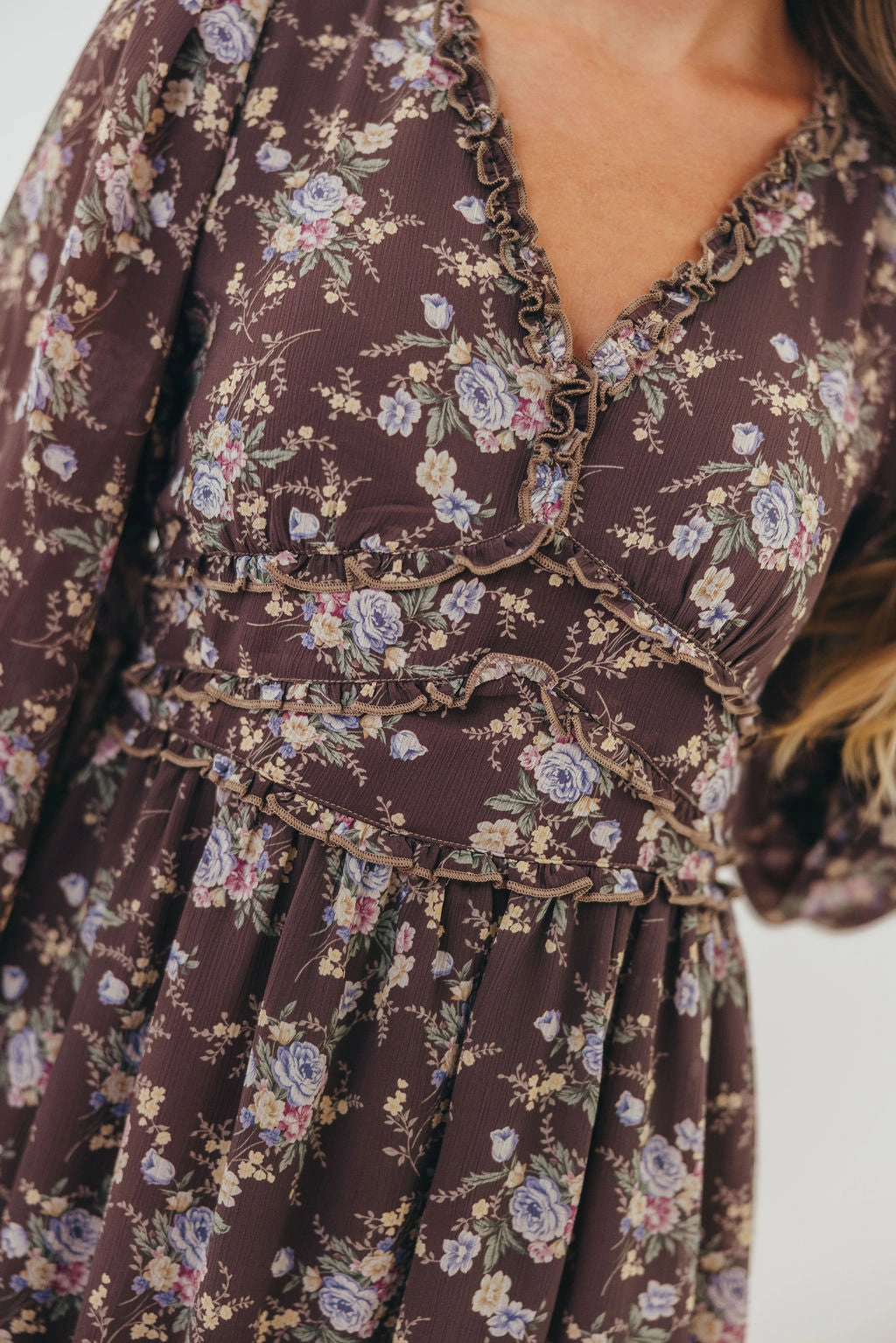 Shenae Ruffled Tiered Floral Maxi Dress in Mocha Mousse Cool Elegance Practical work-to-play piece