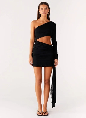 Dreamy Motion Draped Silhouette Wrapped Asymmetrical Mesh Dress - Black