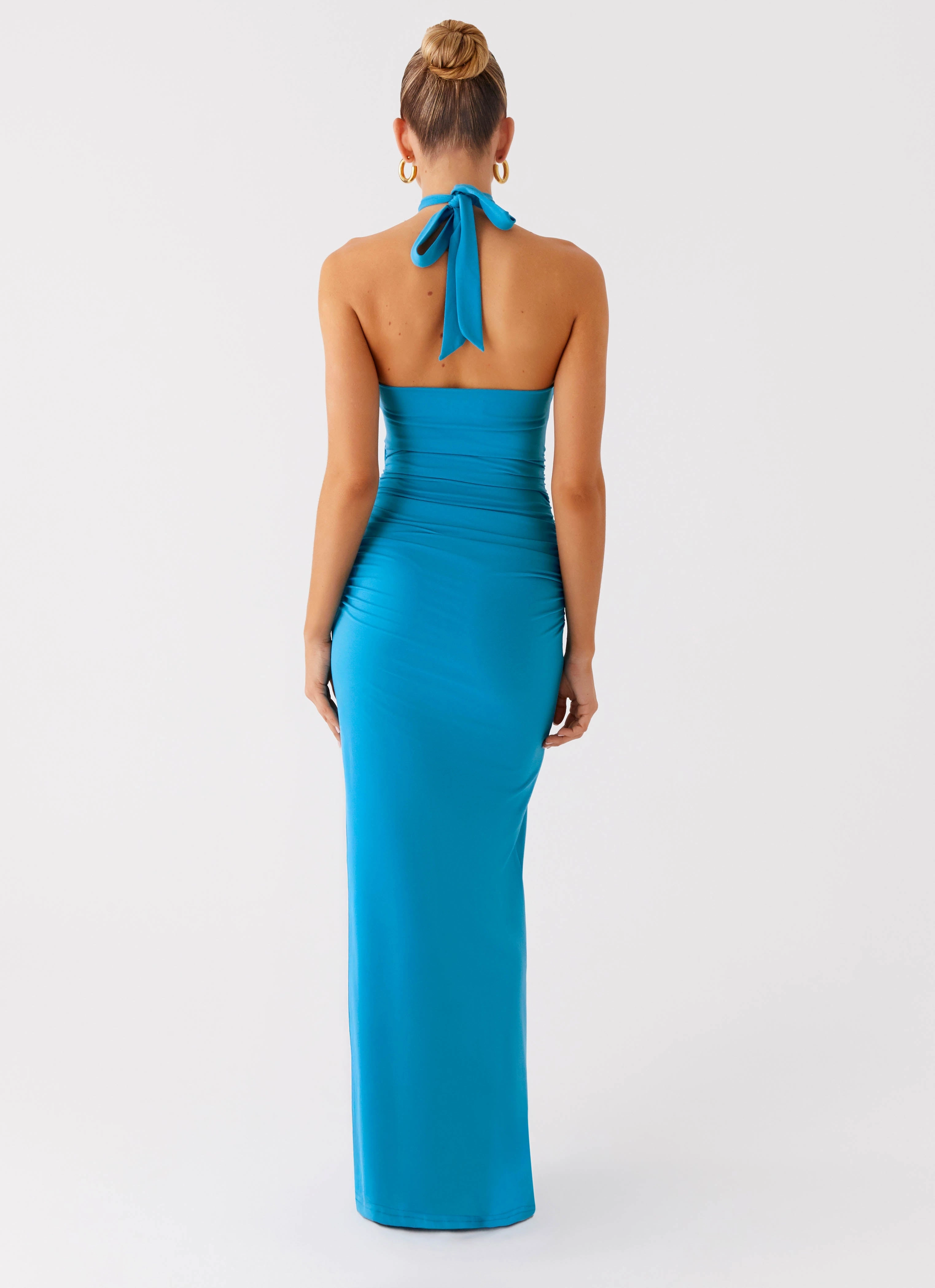 Chiquita Halter Maxi Dress - Turquoise Blue Smart Texture