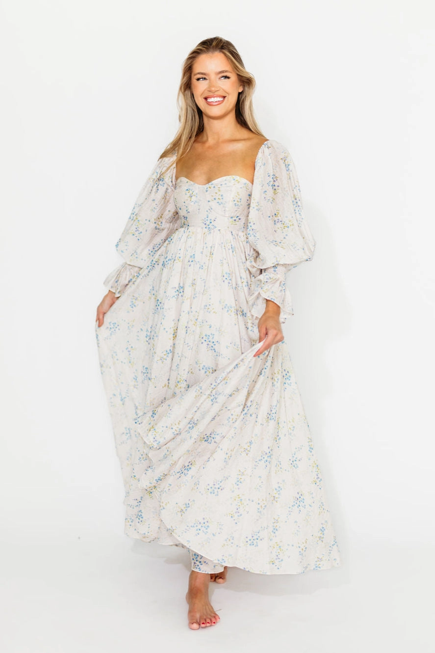 Dear Skye Floral Dress in Blue Summer Outfit Draped Layer