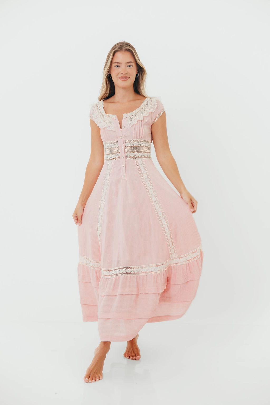 New Mood Ruffle Hem Debby Vintage Inspired Lace Trim Maxi Dress in Pink