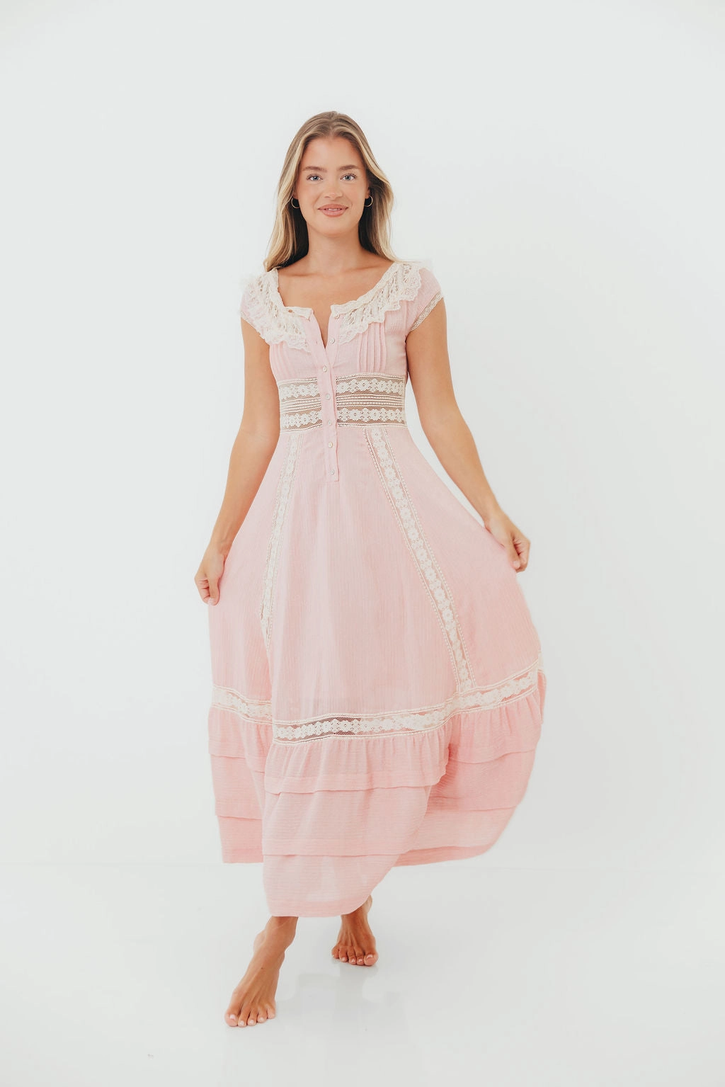 Debby Vintage Inspired Lace Trim Maxi Dress in Pink Bold Movement Grace Flow