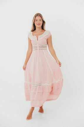 New Mood Ruffle Hem Debby Vintage Inspired Lace Trim Maxi Dress in Pink