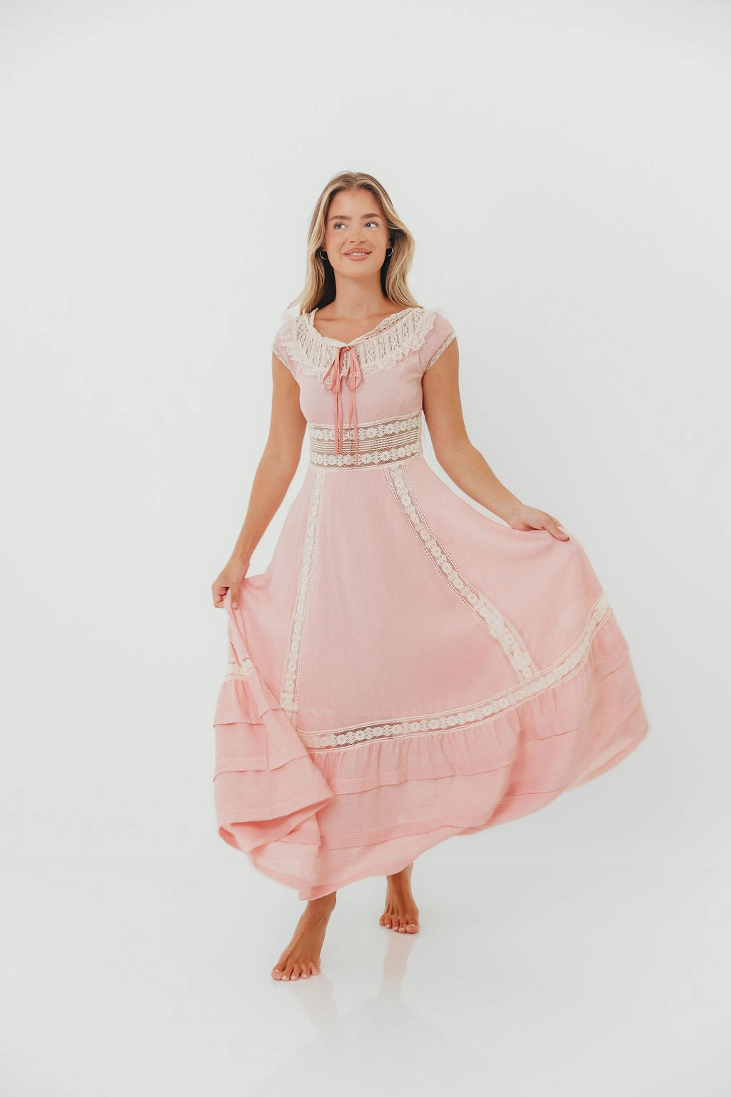 Flare Hem Cotton Skin Debby Vintage Inspired Lace Trim Maxi Dress in Pink