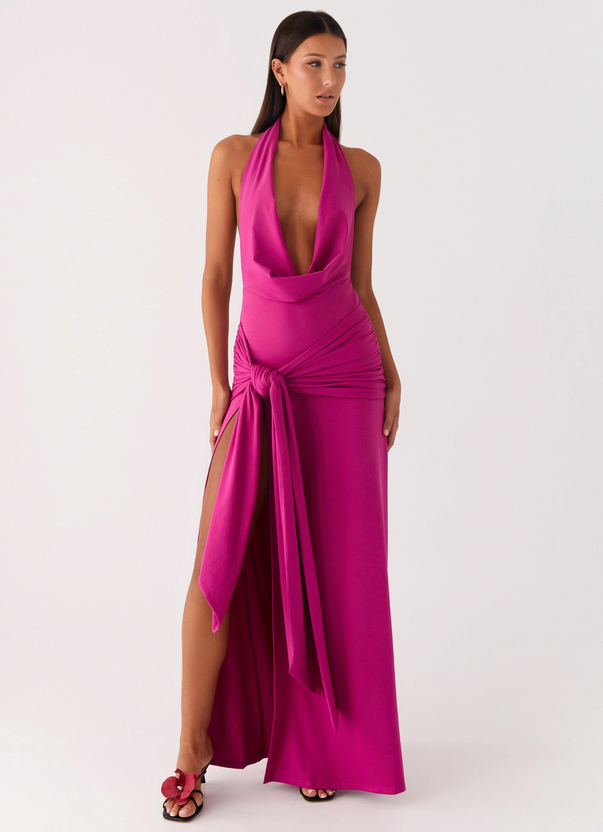 Sleek and Flattering Classic Touch Rowan Ray Cowl Maxi Dress - Fuchsia