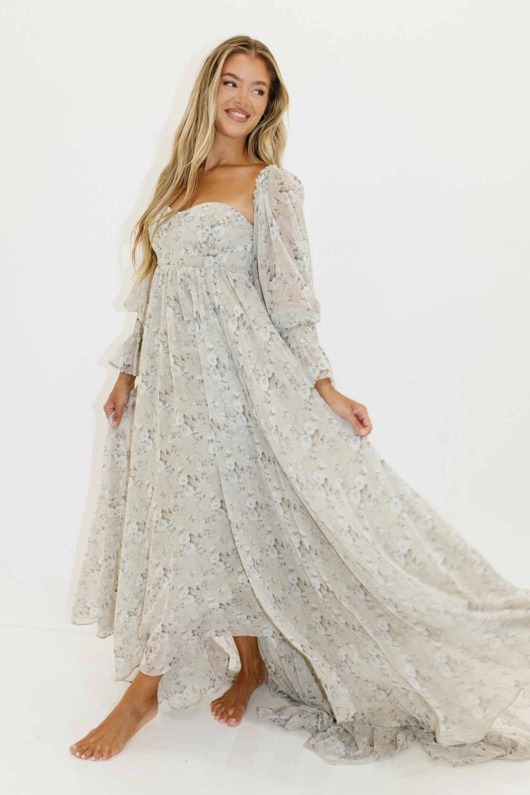 Delilah Maxi Dress with Train in Grey/Blue - Bump Friendly Occasion Ready