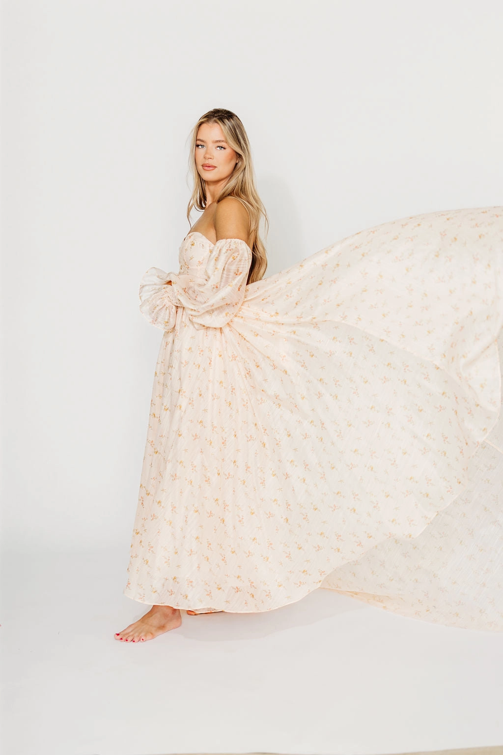 Tactile Feel Delilah Maxi Dress with Train in Peach - Bump Friendly (XS-3XL)