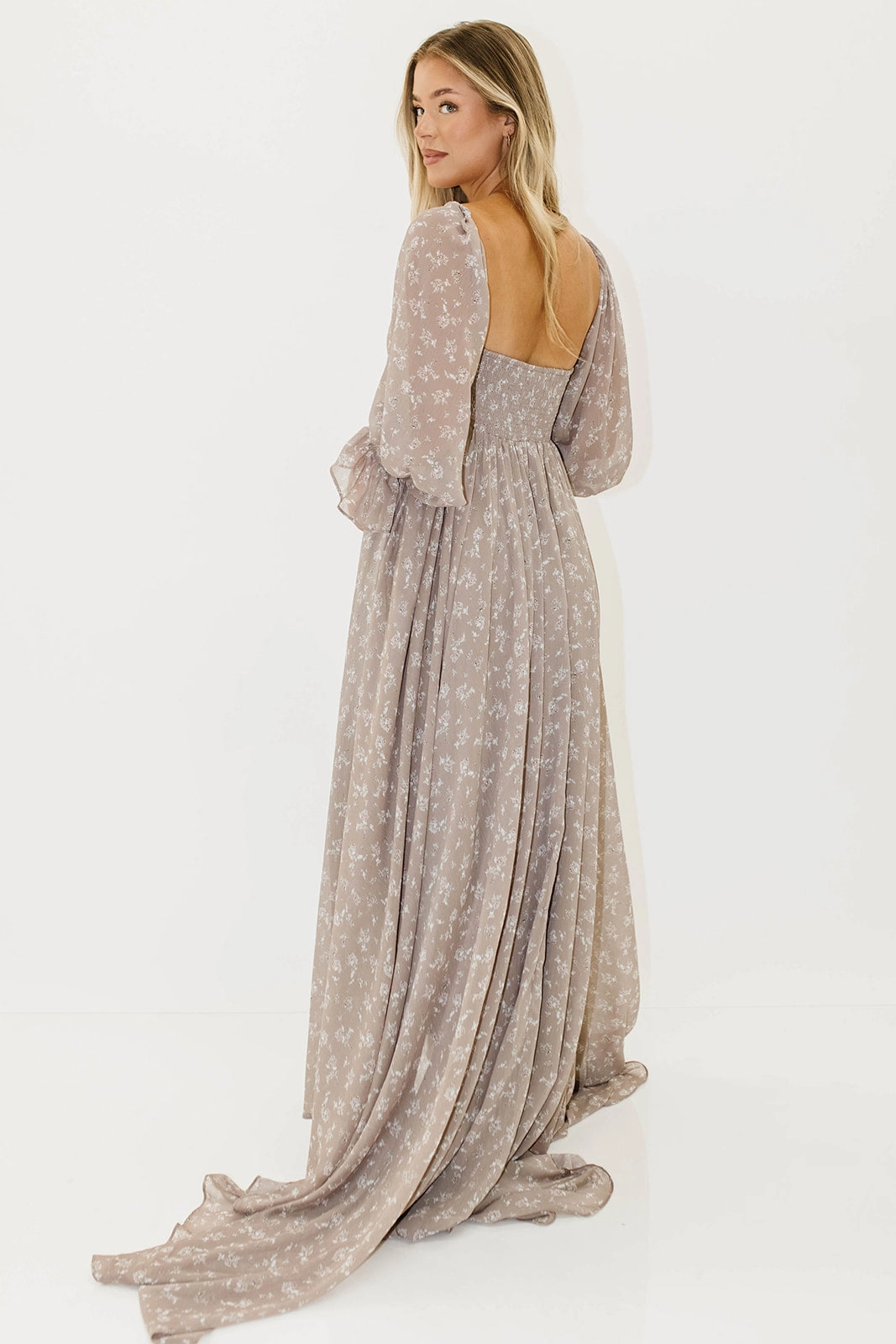 Flexible Fabric Delilah Maxi Dress with Train in Taupe - Bump Friendly - Sold Out Sizes Restocking in Nov