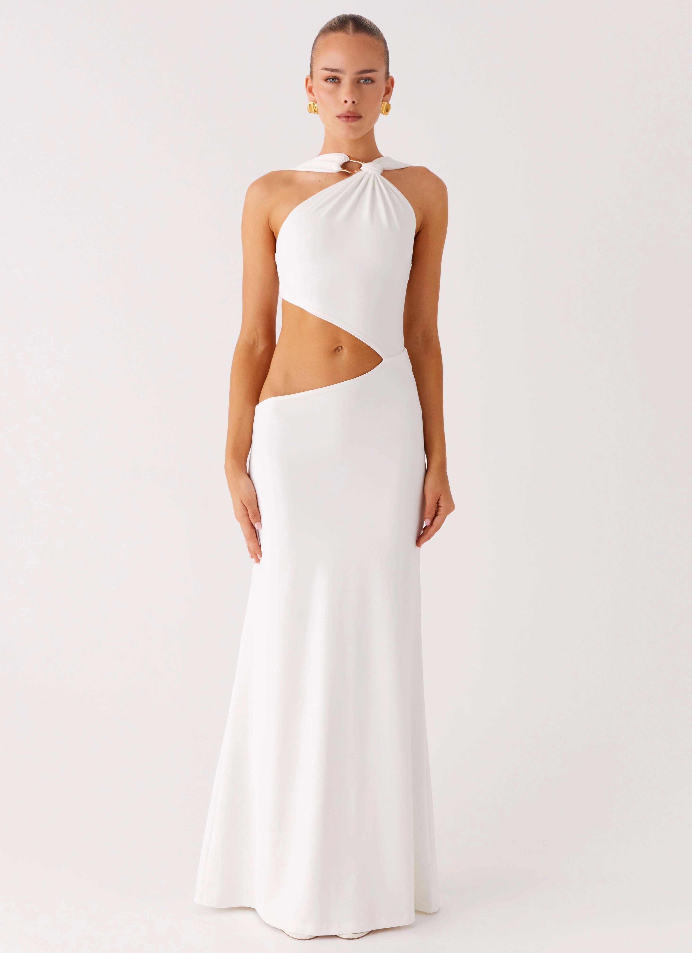 Juliander Knot Maxi Dress - White Sleek Appearance Front-Pocket